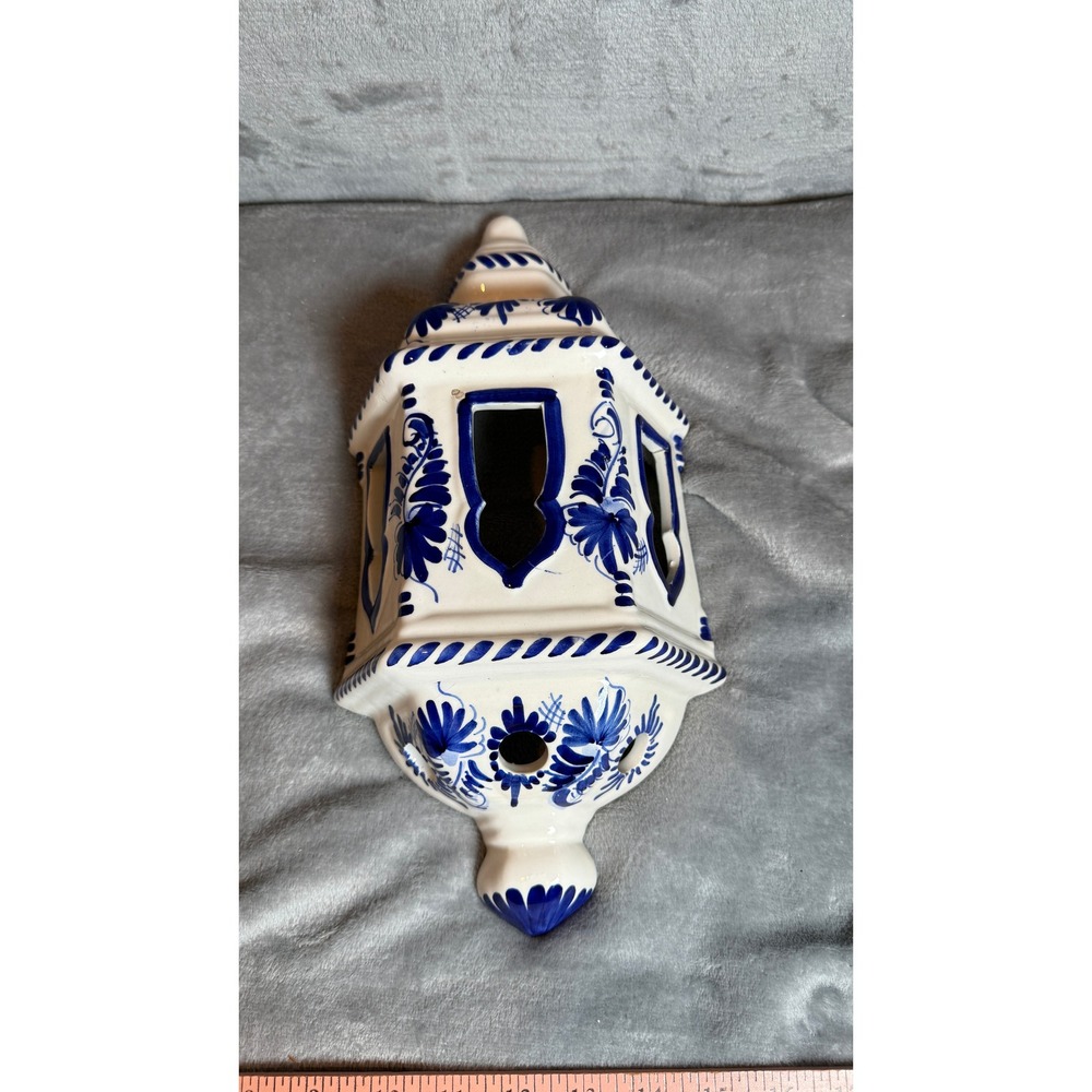 14" Talavera Style Ceramic Wall Lantern Blue White Candle Sconce Hand Painted